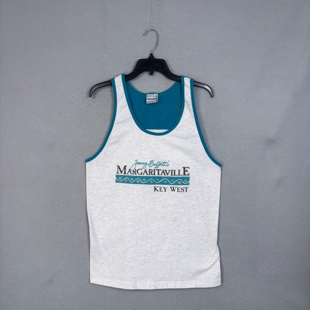 Margaritaville Tank Top Mens Large Gray Teal Key West Beach Retro Single Stitch